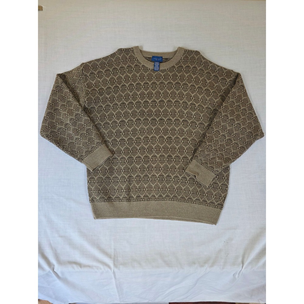 Vintage Y2K Geometric Knit Crewneck Sweater XXL Tan Brown Grandpacore